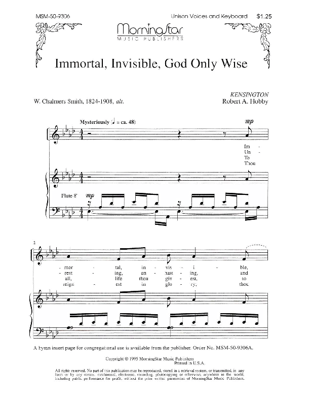 Immortal Invisible God Only Wise Sheet Music By Robert A Hobby Sku Msm Stanton S