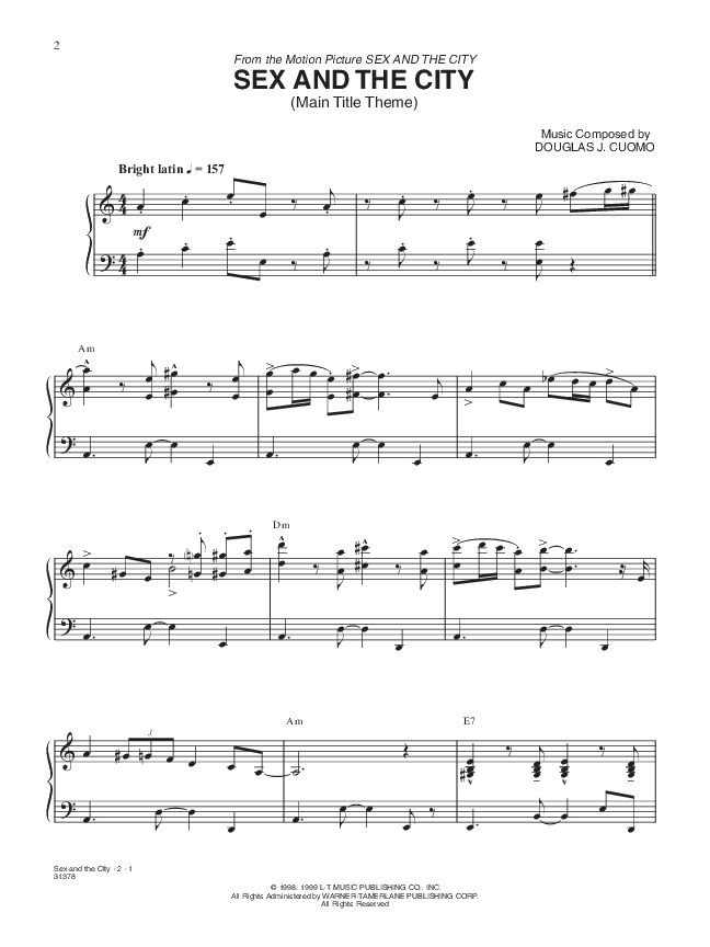 Sex And The City Main Title Theme Sheet Music By Douglas J Cuomo Sku Stanton S