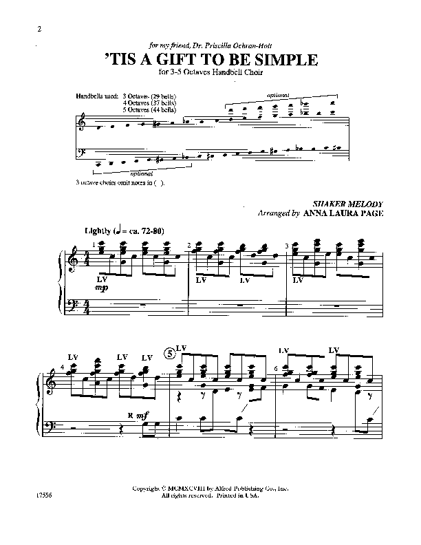 ' Tis A Gift To Be Simple Sheet Music by Anna Laura Page (SKU 17556