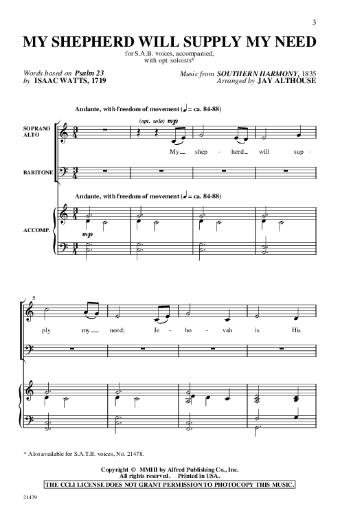 My Shepherd Will Supply My Need Sheet Music by Jay Althouse (SKU: 21479