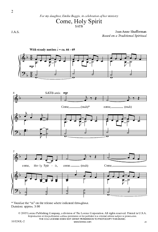 Come Holy Spirit Sheet Music by Jean Anne Shafferman (SKU 10/3243L