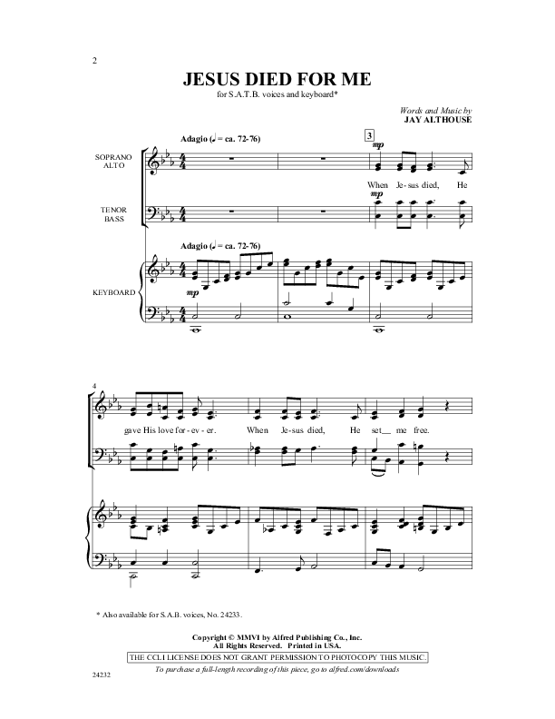 Abcdefg Jesus Died For You And Me Chords Jesus Died For Me Sheet Music by Jay Althouse (SKU: 24232) - Stanton's