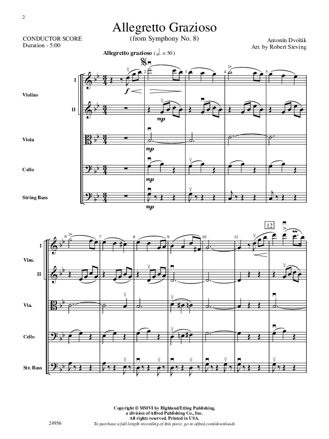 Allegretto Grazioso (3rd Mvt/Symph #8) Sheet Music by Antonin Dvorak