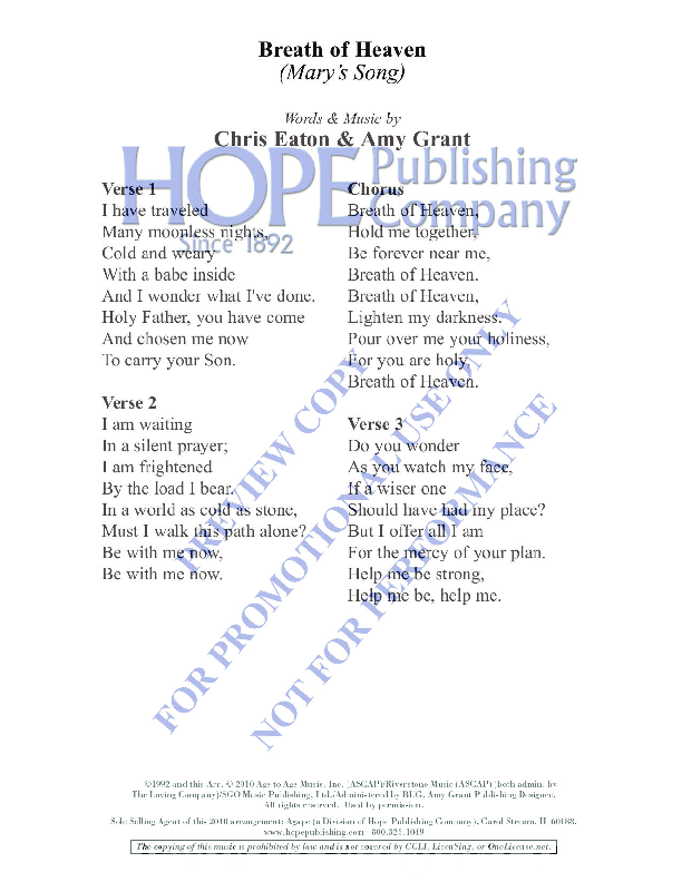 Breath of Heaven (Mary's Song) Sheet Music by Lloyd Larson (SKU 2522