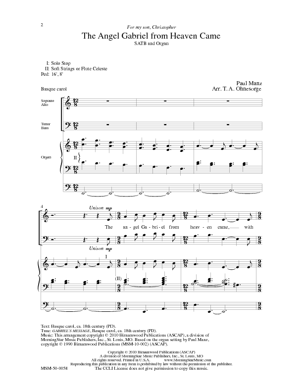 The Angel Gabriel From Heaven Came Sheet Music by Paul Manz (SKU MSM50