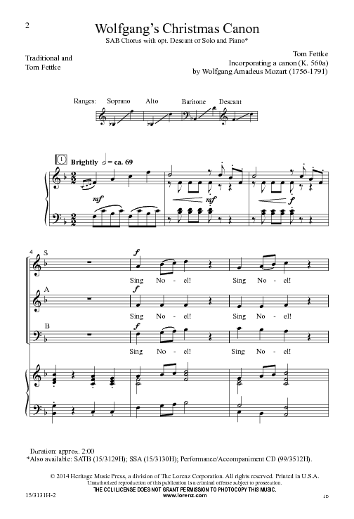 Wolfgang's Christmas Canon Sheet Music by Tom Fettke (SKU 15/3131H